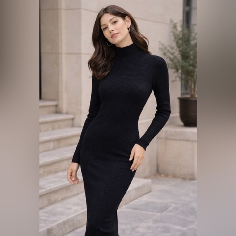 Wilfred Aritzia Black Ribbed‎ Mock Neck Long Sleeve Midi Dress XS Slit Bodycon